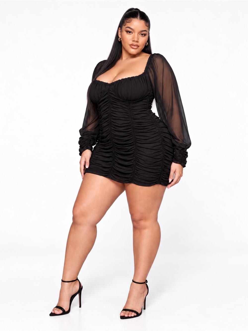 Plus size 3x Black Ruched sheer Sleeve Bodycon Dress